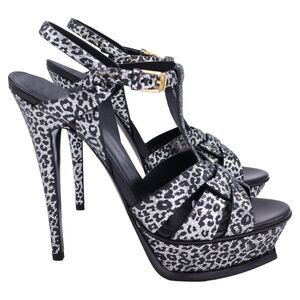 Saint Laurent Tribute Leopard Print T-Strap Platform Heels in Silver Leather